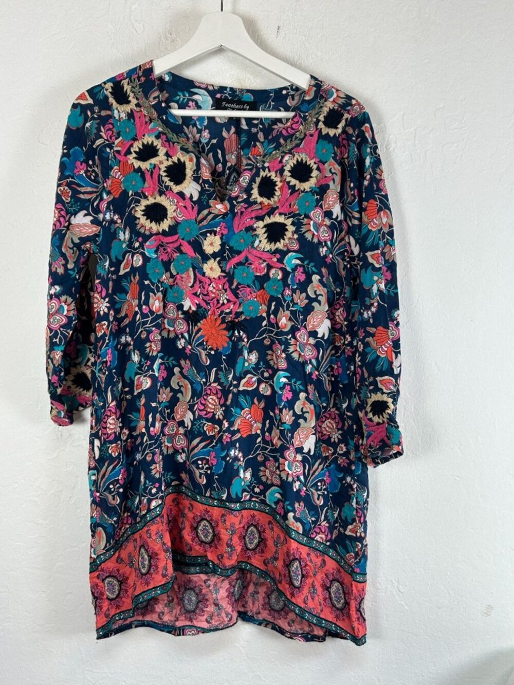 Feathers Tolani Womens Embroidered Floral Tunic Top Large Multicolor 3/4 Sleeve